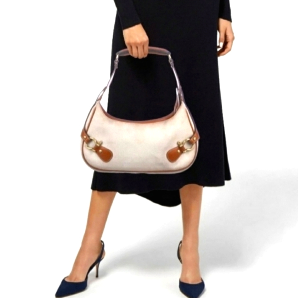 Burberry RARE Horse Bit Cream Canvas & Leather Top Handle Vintage Shoulder Bag - Picture 8 of 14